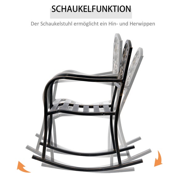 Schaukelstuhl aus Metall mit Schaukelfunktion, seitliche Ansicht mit Darstellung der Wippbewegung.