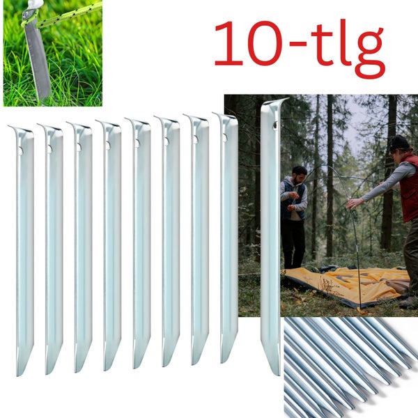 Zehn teiliges Zelthering Set aus Metall für Camping und Outdoor Aktivitäten.