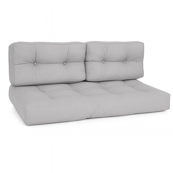 Palettenkissen-Set mit Steppung und Knöpfen, bestehend aus einer Sitzauflage und zwei Rückenkissen für Loungemöbel.