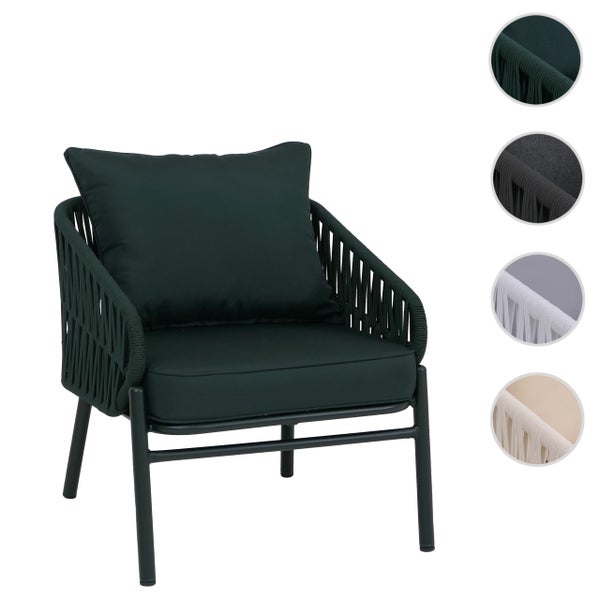 Garten-Loungesessel mit Metallgestell, Seilbespannung und Kissen, erhältlich in verschiedenen Farben.
