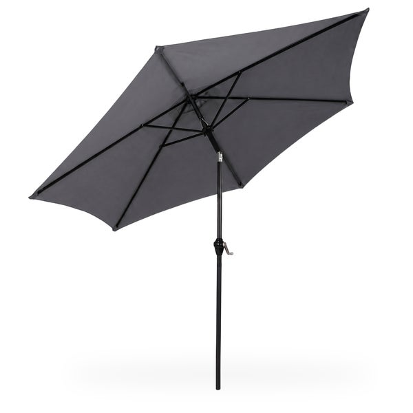 Sonnenschirm mit Kurbel und Knickfunktion, grauer Bezug, schwarzes Gestell.