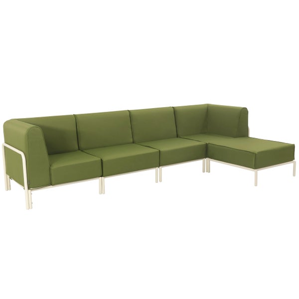 Modulares Outdoor Lounge-Sofa in L-Form mit olivgrünen Polstern und einem weißen Metallgestell.