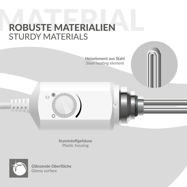 Heizelement mit Kunststoffgehäuse, Stahl-Heizstab, glänzender Oberfläche und Thermostatregler mit Symbolen für Frostschutz und Wärme.