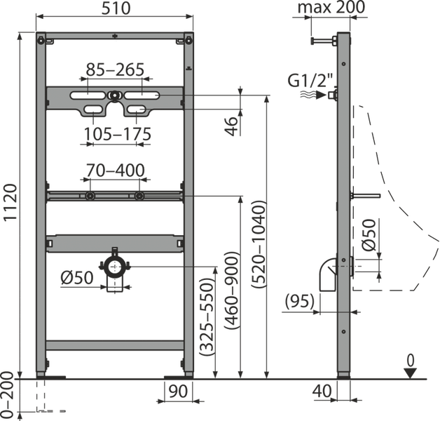 Maßzeichnung eines Vorwandelements für ein Urinal mit Front- und Seitenansicht sowie detaillierten Maßangaben in Millimeter.