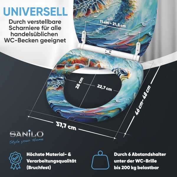 Sanilo WC Sitz mit Wellen Design und verstellbaren Scharnieren, Maße 37,7 mal 46 bis 48 Zentimeter, belastbar bis 200 Kilogramm.