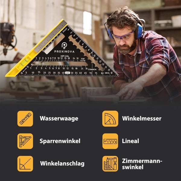 Proxinova Zimmermannswinkel Set - Aluminiumlegierter Zimmermannswinkel Groß 180mm mit Wasserwaage und Zimmermannsstift - Messlehre, Winkelmesser, Anschlagwinkel - Speed Square, Zimmererwinkel