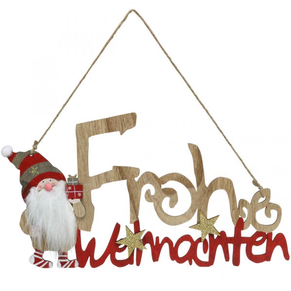 Dekoratives Schild mit der Aufschrift Frohe Weihnachten und Weihnachtsmannfigur