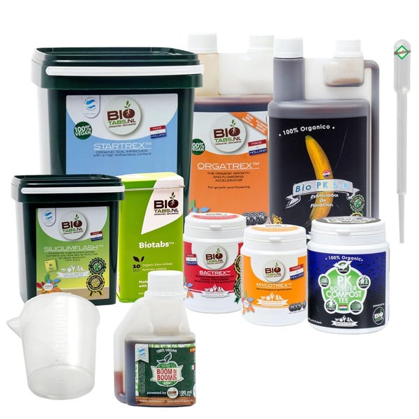 BioTabs Starterset für den ökologischen Anbau bestehend aus verschiedenen organischen Düngemitteln, Bodenverbesserern, Messbecher und Pipette.