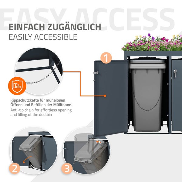 ML-Design Mülltonnenbox 4er mit Pflanzdach für 4 Mülltonnen, 240L 264x80x124cm Anthrazit, Stahl, wetterfest, Abschließbare Mülltonnenverkleidung mit Tür, Müllbox Mülltonnecontainer Mülltonnenabdeckung