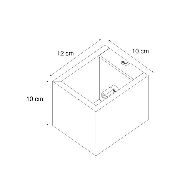 Technische Zeichnung einer quadratischen Wandleuchte mit den Maßen 12 Zentimeter mal 10 Zentimeter mal 10 Zentimeter.