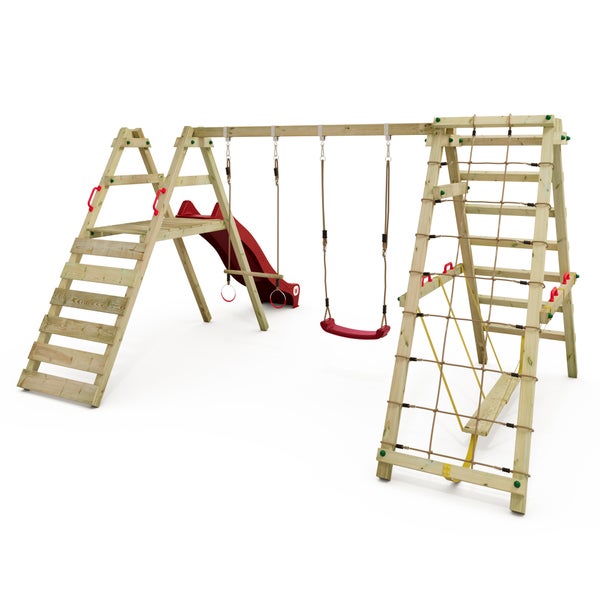 WICKEY Kinderschaukel Schaukelgestell Smart Shake mit Rutsche und Kletteranbau, Schaukel, Schaukelgerüst, Doppelschaukel, Holzschaukel - rot
