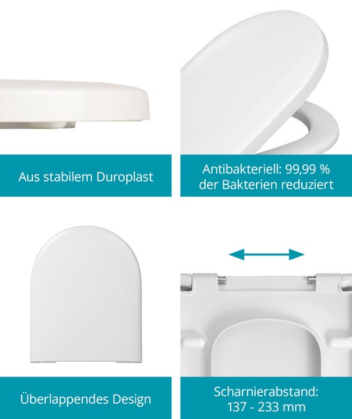 Produktmerkmale eines WC Sitzes aus Duroplast mit antibakterieller Oberfläche und verstellbarem Scharnierabstand von 137 bis 233 Millimetern.