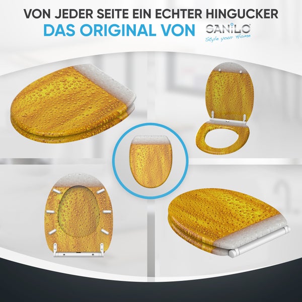 Sanilo Toilettensitz mit Bier-Design, Ansichten von geschlossenem und offenem Deckel mit Schaum und Wassertropfen. Sanilo Logo.