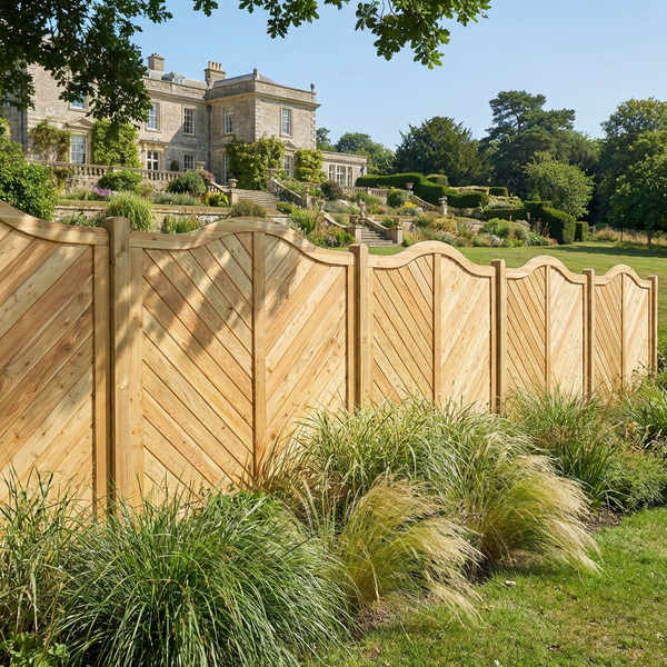 Holzzaun im Garten mit Rasen und großem Haus im Hintergrund.