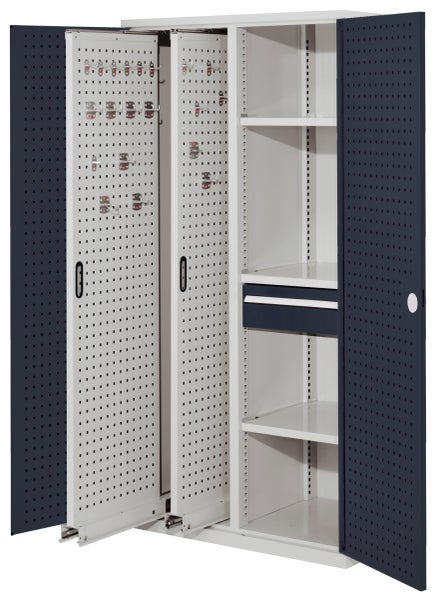 Werkstattschrank mit Regalböden, Schublade und Lochplatten
