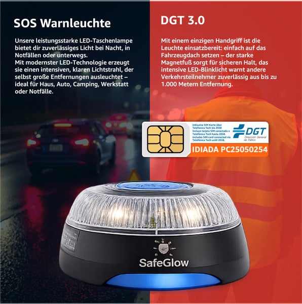 SafeGlow LED Warnleuchte mit SIM-Karte und DGT Logo für den Einsatz im Straßenverkehr