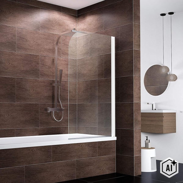 Moderne Badewanne mit Duschwand aus Glas und Duschsystem vor einer Wand mit Holzoptik Fliesen in einem elegant gestalteten Badezimmer.