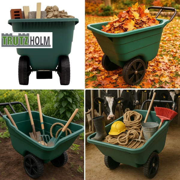 Grüner Trutzholm Gartenwagen in vier Szenarien: beladen mit Steinen, Herbstlaub, Gartenwerkzeugen und Stallzubehör vor Kühen. Trutzholm Logo im Bild.