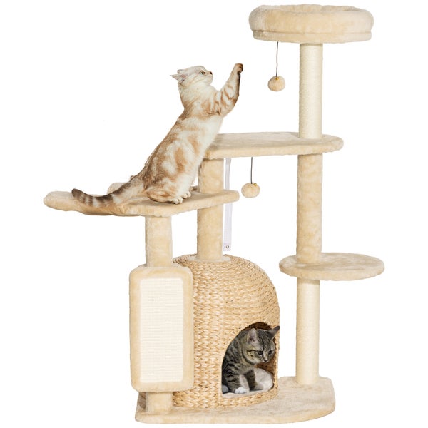 PawHut Kratzbaum 112 cm Katzenbaum mit Katzenhöhle, Bett, Spielbälle, Katzenkratzbaum mit Sisal-Kratzsäulen, für Katzen bis 5 kg, Beige