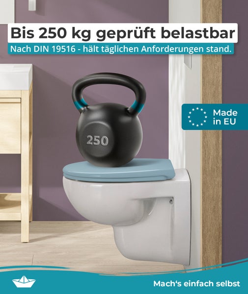 Wand-WC mit einer 250 Kilogramm schweren Kettlebell auf dem Deckel, geprüft bis 250 Kilogramm Belastbarkeit nach DIN 19516, Made in EU Siegel