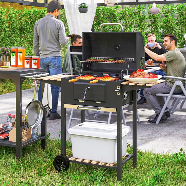 Outsunny Holzkohlegrill aus Edelstahl fahrbar Grillwagen mit Deckel Thermometer Grillrost Räder Griff verstellbar Kohlewanne, Kohlegrillwagen mit Holzablage BBQ Smoker für Camping Garten 112x58x107cm