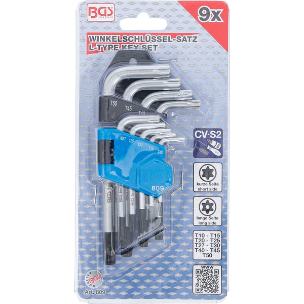 BGS Winkelschlüssel-Satz kurz T-Profil (für Torx) mit Bohrung T10 - T50 9tlg. - 809