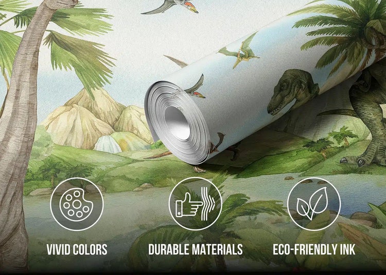 Fototapete mit Dinosauriern in prähistorischer Landschaft, kräftige Farben, langlebiges Material und umweltfreundliche Tinte.