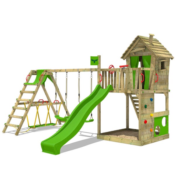FATMOOSE Spielturm Klettergerüst HappyHome mit Schaukel SurfSwing und Rutsche, Spielhaus mit Sandkasten, Leiter und Spiel-Zubehör - apfelgrün