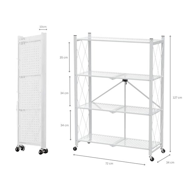 Weißes Klappregal mit vier Ebenen und Rollen, zusammengeklappt und aufgebaut dargestellt, mit Maßangaben