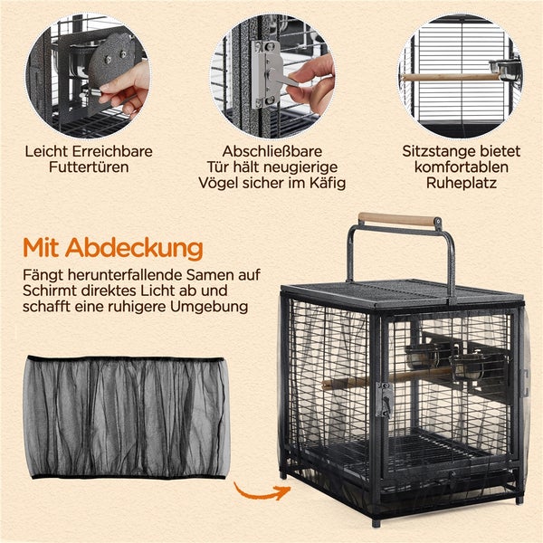 Vogelkäfig mit leicht erreichbaren Futtertüren, abschließbarer Tür und Sitzstange sowie Abdeckung gegen herunterfallende Samen und Licht.