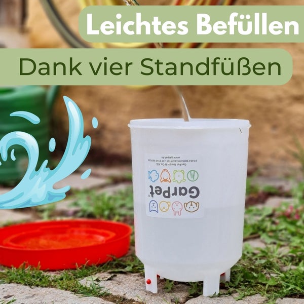 Garpet Tierbrunnen mit vier Standfüßen und Einfüllhinweis