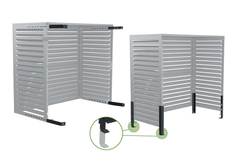 Klimaanlagen-Verkleidung aus Metall mit Lamellen, Darstellung von Wandmontage und Bodenmontage.