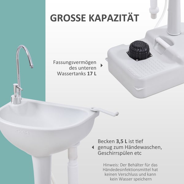 Outsunny Camping Waschbecken, Handwaschbecken mit 17L Wassertank, 51L x 33,5B x 103H cm, HDPE, Grau