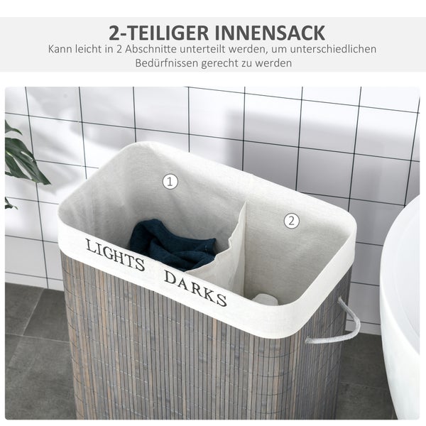 HOMCOM Bambus Wäschekorb schmal mit Deckel 100L Wäschesammler mit Griffen, 2 herausnehmbarer Wäschesack, Laundry Baskets Wäschebox für Waschküche, Schlafzimmer, Badezimmer Grau