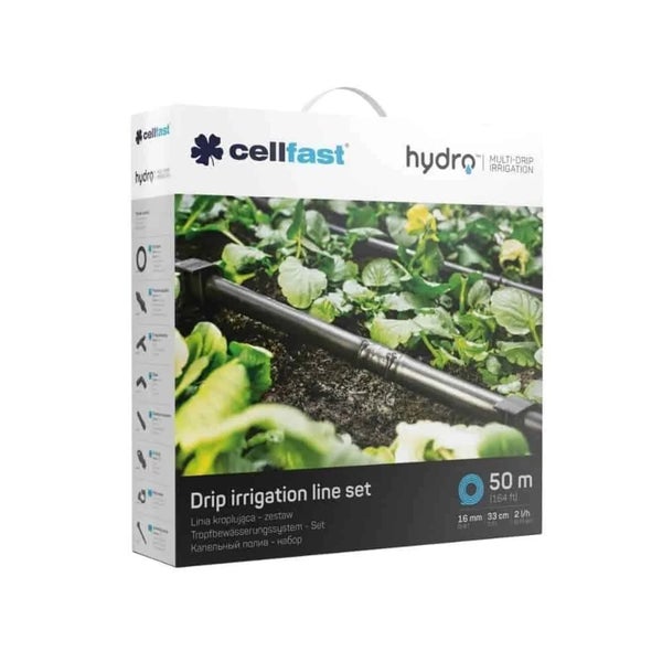 Cellfast Tropfbewässerungssystem Set mit 50 Meter Bewässerungsschlauch zur effizienten Gartenbewässerung in der Verpackung