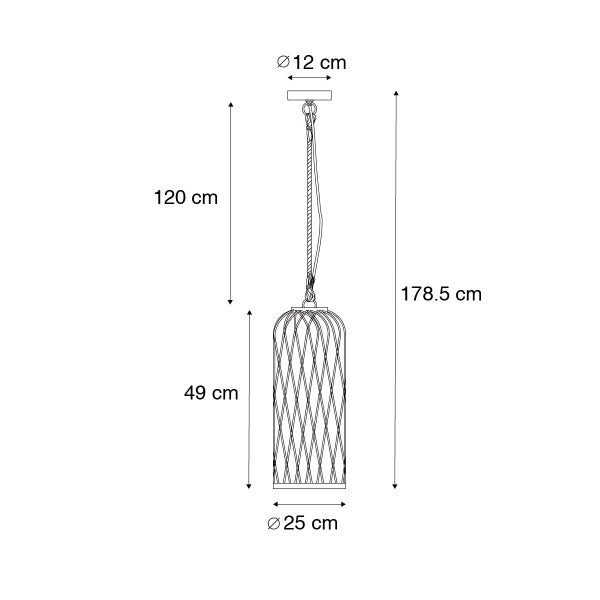 Maßskizze Pendelleuchte: Gesamthöhe 178,5 Zentimeter, Schirmhöhe 49 Zentimeter, Durchmesser 25 Zentimeter, Kabellänge 120 Zentimeter.