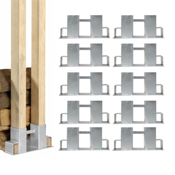 Set mit 10 Kaminholzstapelhilfen aus verzinktem Stahl zur stabilen Lagerung von Brennholz mit Holzpfosten.
