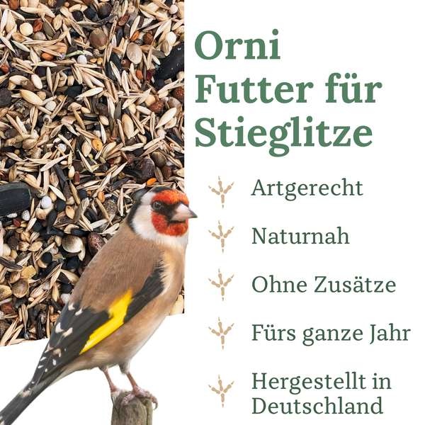 Vogelfutter Orni für Stieglitze, artgerecht, naturnah, ohne Zusätze, für das ganze Jahr, hergestellt in Deutschland, mit Stieglitz und Sämereien.