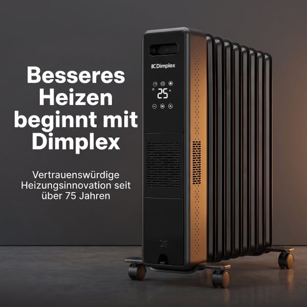 Mobiler Dimplex Ölradiator mit digitaler Anzeige und Rollen zur Beheizung von Innenräumen.