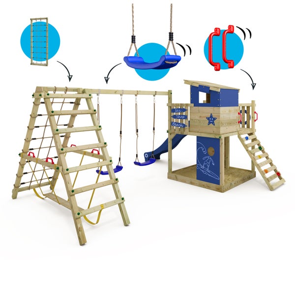 WICKEY Spielturm Klettergerüst Smart Surf mit Schaukel und Rutsche, Kletterturm mit Sandkasten, Leiter und Spiel-Zubehör - blau