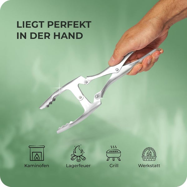 Ergonomische Kaminzange aus Metall liegt gut in der Hand, geeignet für Kaminofen, Lagerfeuer, Grill und Werkstatt.