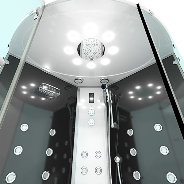 Innenansicht einer modernen Duschkabine mit Regendusche, integrierter Deckenbeleuchtung, Massagedüsen und einer Handbrause.