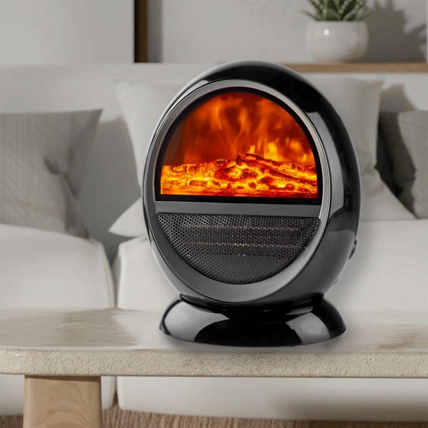 Dekorativer Elektroheizer in Eiform mit simuliertem Kaminfeuer.