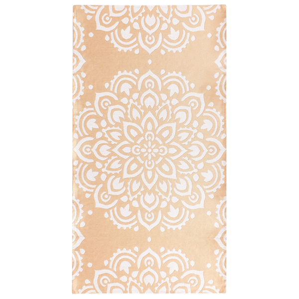 Pfirsichfarbener rechteckiger Teppich mit weißem Mandala-Muster.