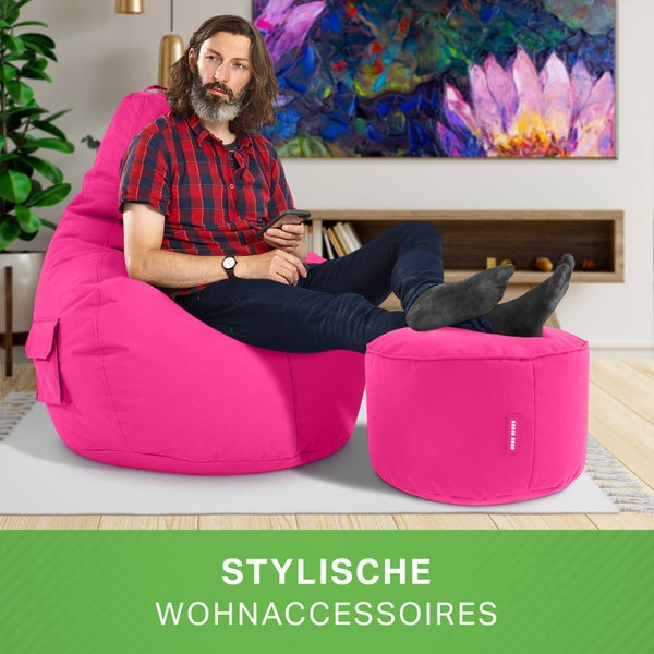Green Bean 2er Set Sitzsack + Hocker - fertig befüllt - robust waschbar schmutzabweisend - Kinder & Erwachsene Bean Bag Bodenkissen Lounge Sitzhocker Relax-Sessel Gamer Gamingstuhl Pouf - Pink