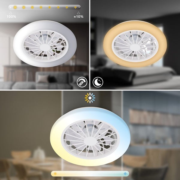 Deckenventilator mit LED-Leuchte, zeigt Dimmfunktion von 100 bis circa 10 Prozent, Nachtlichtmodus und einstellbare Farbtemperatur.
