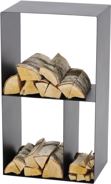 Brennholzregal aus Metall mit Holzscheiten