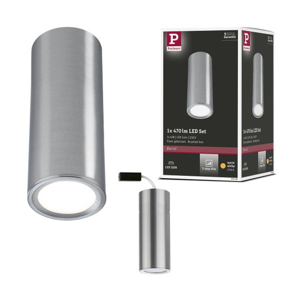 Paulmann LED Aufbauleuchte Barrel Set mit 6 Watt und 470 Lumen in gebuerstetem Eisen inklusive Verpackung