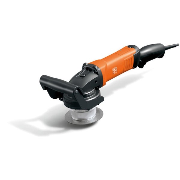 Fein Kantenfräsmaschine für Metall in Orange und Schwarz mit ergonomischem Zusatzhandgriff und Netzanschluss.