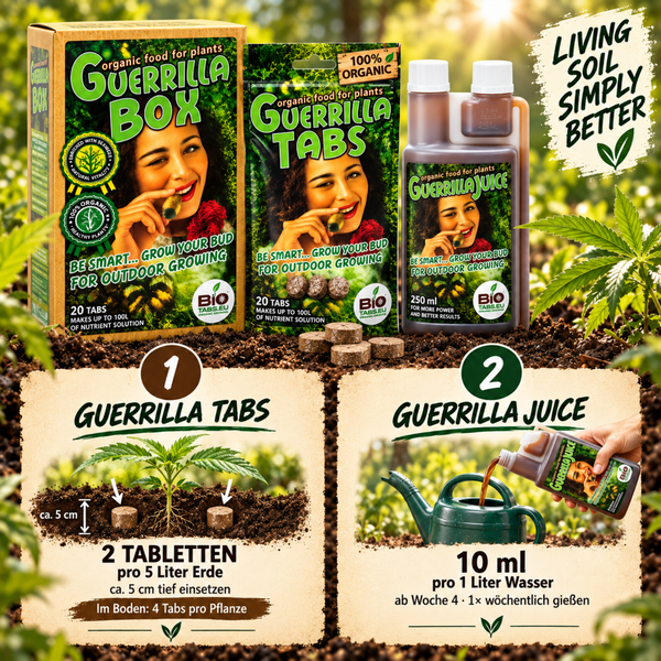 Guerrilla Box Pflanzenfutter Set bestehend aus organischen Düngertabletten und Flüssigdünger für den Außenanbau.